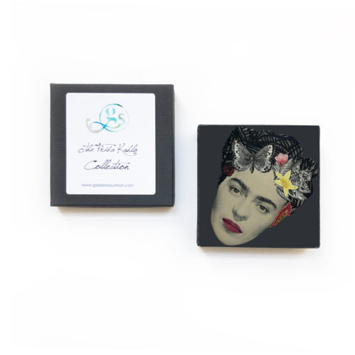 frida kahlo art brooch with butterfly and yellow flower in presentation box