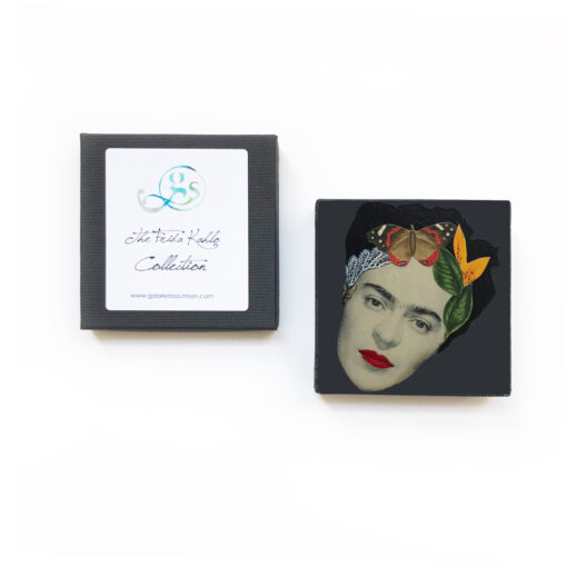 frida kahlo art brooch with butterfly and leaves in presentation box