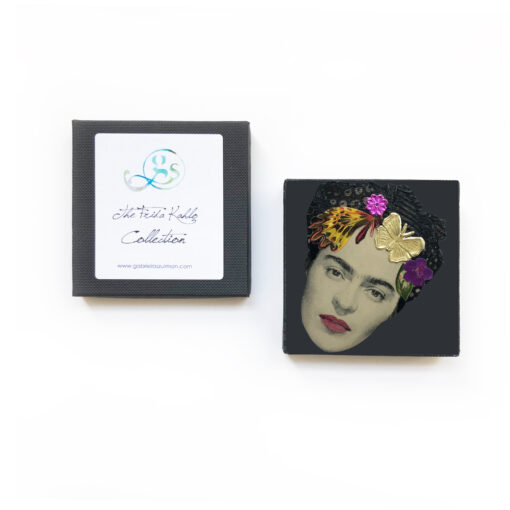 frida kahlo art brooch with gold butterfly and flowers in gift box