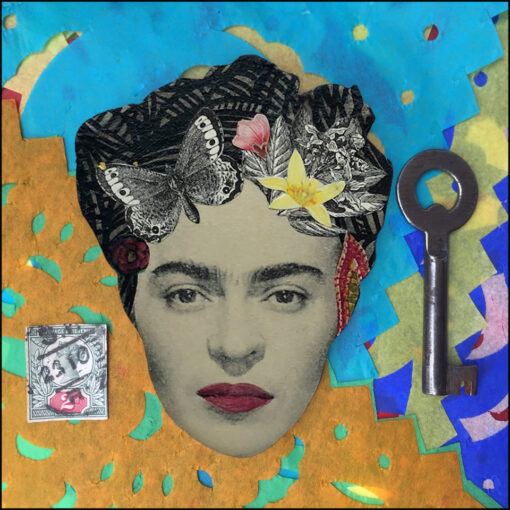 frida kahlo art brooch with butterfly and yellow flower