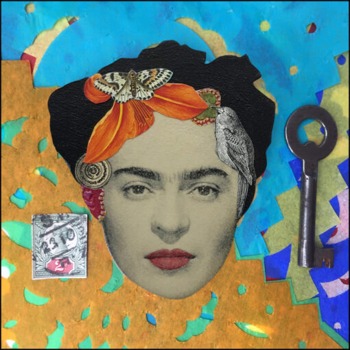 frida kahlo art brooch with bird and butterfly