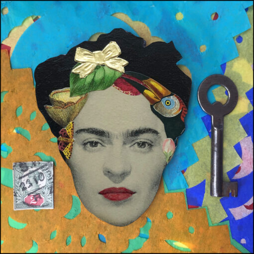 frida kahlo art brooch with toucan and butterfly
