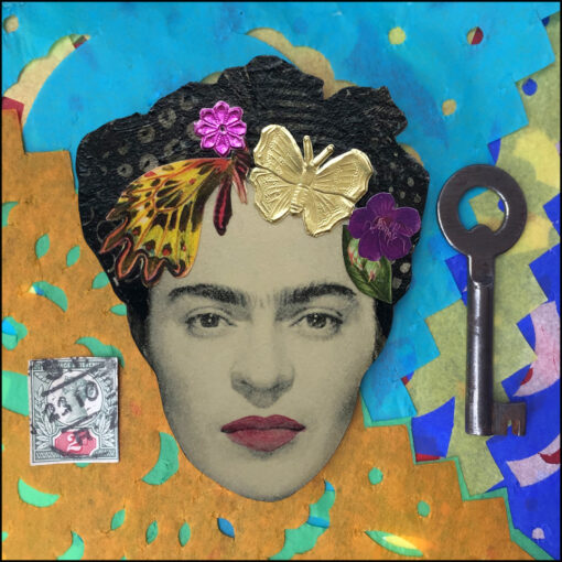 frida kahlo art brooch with gold butterfly and flowers