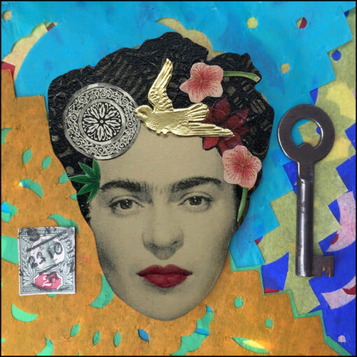 frida kahlo art brooch with gold bird, pink flowers and medallion