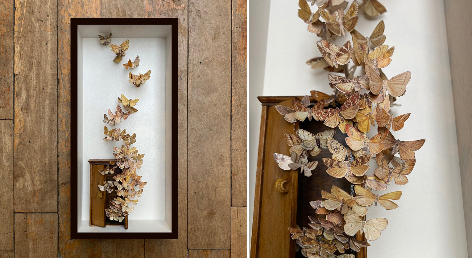 Nikki Ward moths and wardrobe paper-cut sculpture, 36.5x17.5x7.5cm