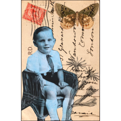 original collage on vintage postcard